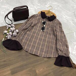 Brown Plaid Ruffle Collar Blouse Vintage Cottagecore Top